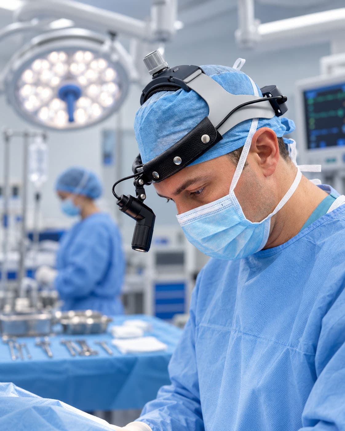 Surgeon wearing an Elbnova LED medical headlight during an operation